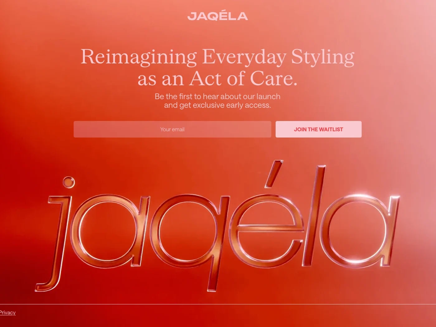 Jaqéla — the launch page, chrome wordmark on a deep red field