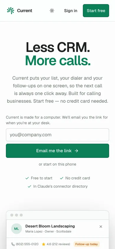 Current's homepage on a phone
