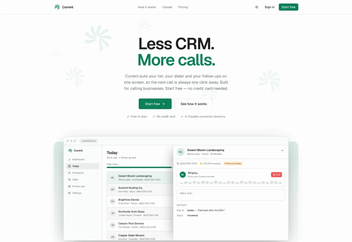 Current's homepage: 'Less CRM. More calls.' above the call list and live call panel