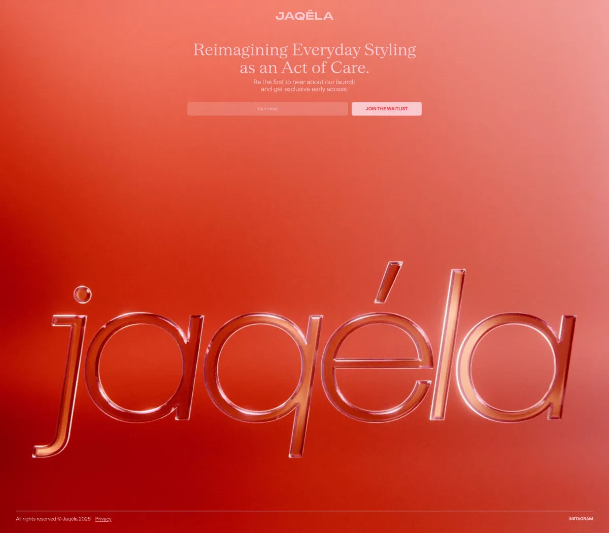 Jaqéla's launch page: the chrome wordmark on a deep red field, with the waitlist form