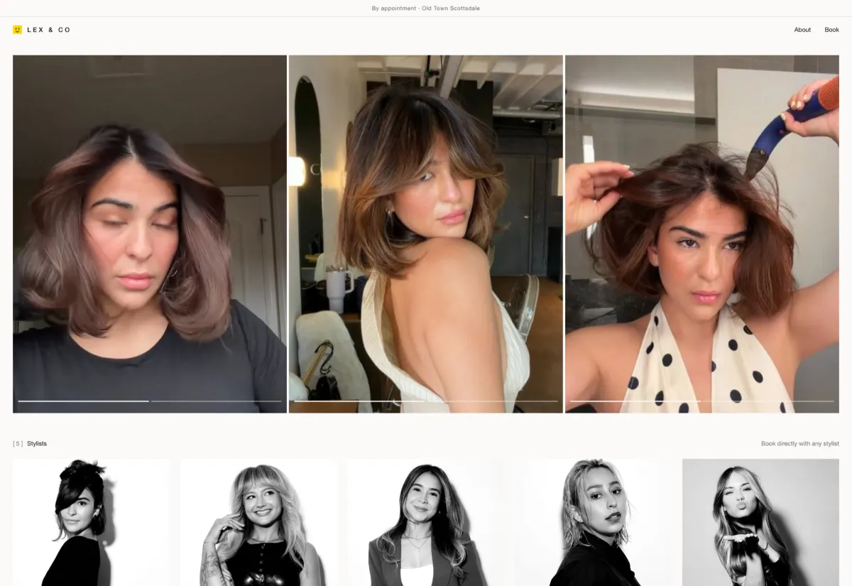 Lex & Co's homepage: three portrait videos of finished cuts above the five stylists