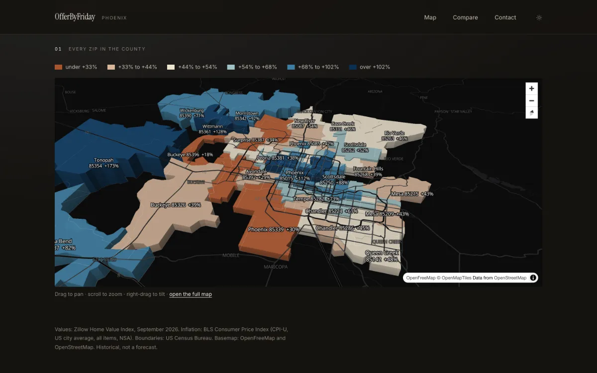 OfferByFriday's map of every ZIP in Maricopa County, raised and coloured by how far home values moved over twenty years